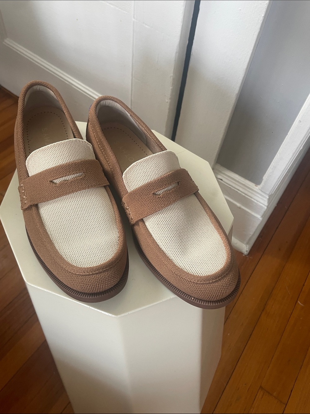 Rothy's Cream Canvas and Camel Trim Women’s washable Penny Loafers